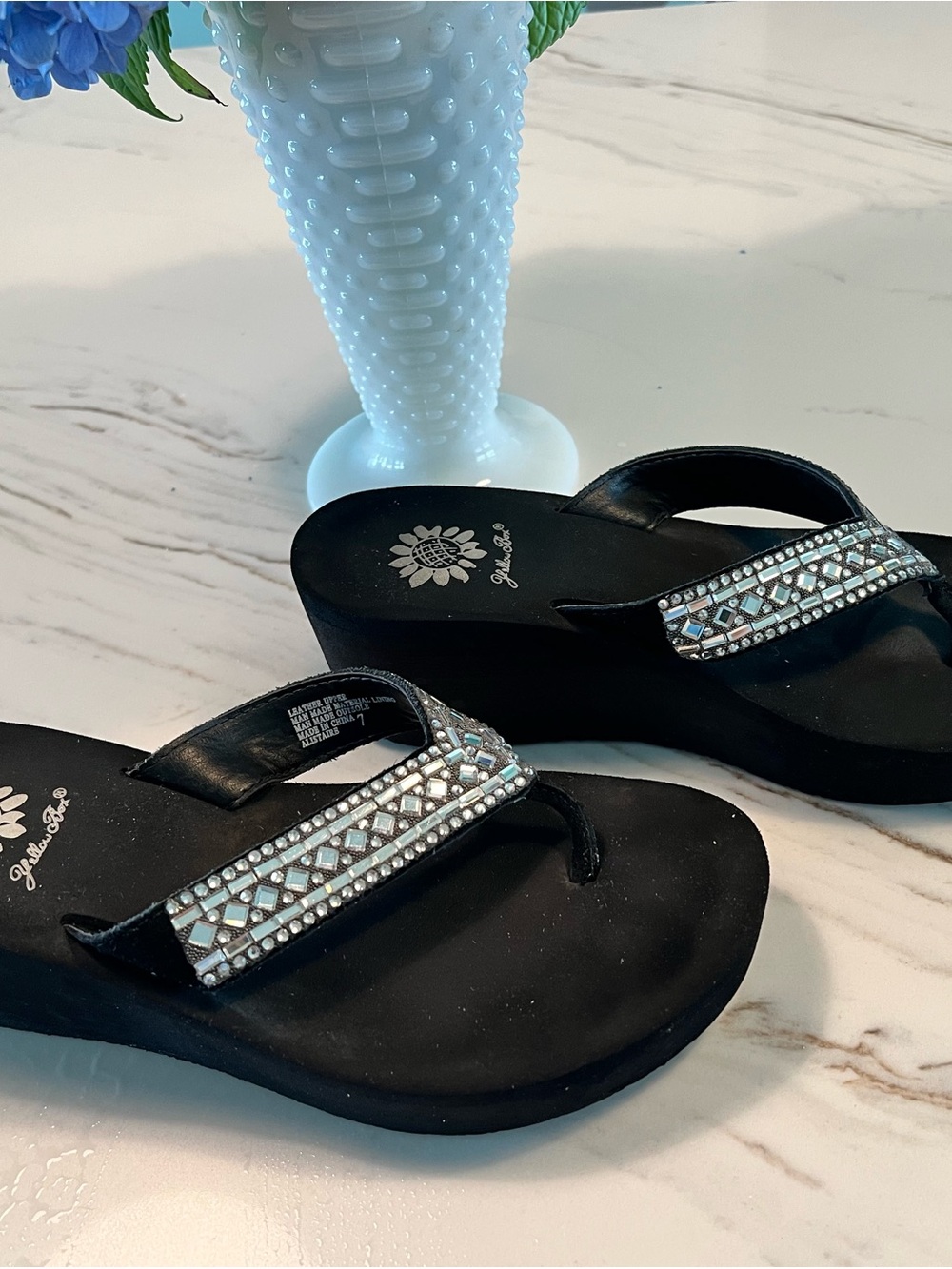 Yellow Box Black Jeweled Wedge Flip Sandals - Picture 2 of 6